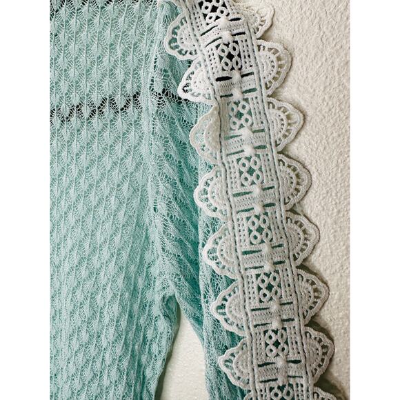 ZARA Aqua Crochet Knit White Lace Stripe Ruffle Neck Crop Sweater S - Picture 6 of 16
